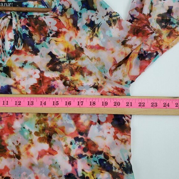 A.n.a Petite Floral Chiffon Blouse Size PL Sheer Peasant Tie Neck Boho Top - Picture 14 of 15